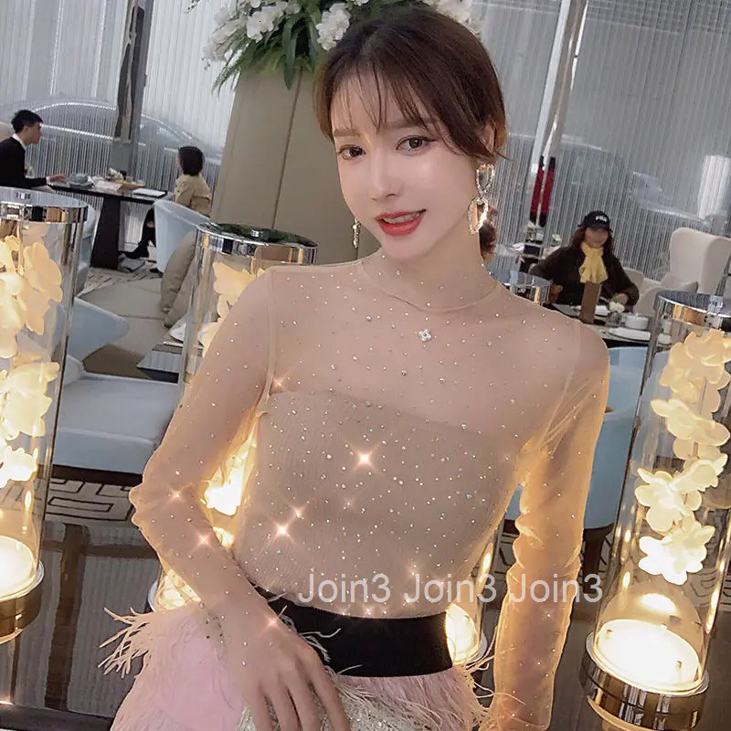 Mesh Sexy Woman T-shirt 2025 Top for Women Clothing Glitter Sequin Tshirt Rhinestone Xxl New in Funny Simple Cheap Stylish O Tee