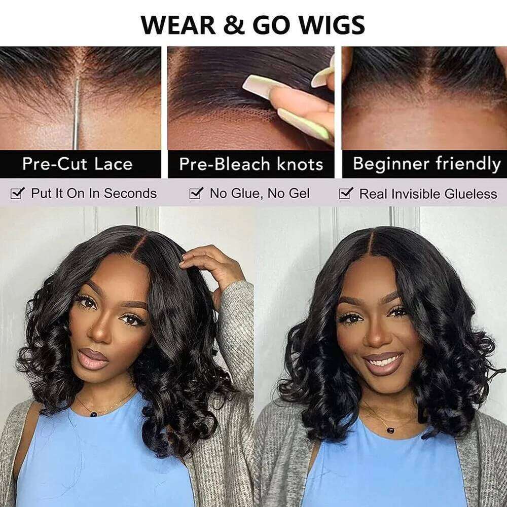 Wear and Go Glueless Short Bob Body Wave 5x5 Closure Human Hair Wigs for Black Women Plucked Pre Cut Lace Front Wig