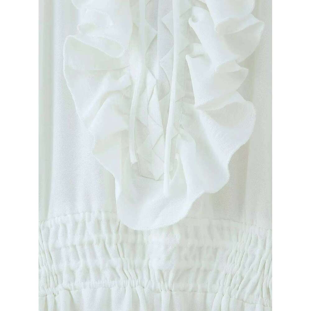 Designer Clothing 2025 Summer Beach Style Long White V-Neck Lace Drawstring Waist-Hing Women's Casual Dress Streetwear