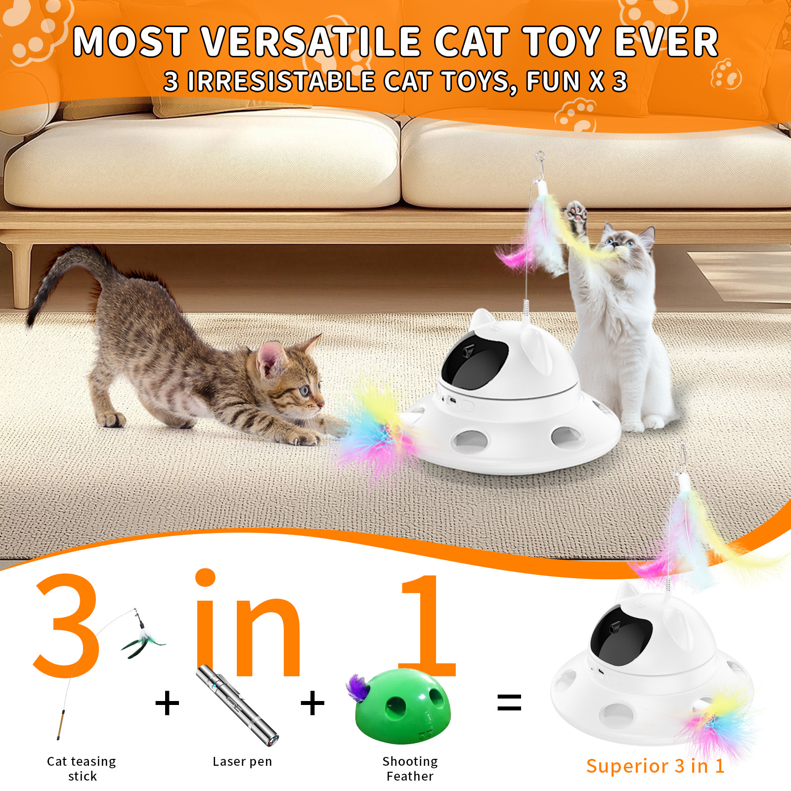 Interactive 3-In-1 Cat Toy with 6-Hole Whack-a-Mole Feature - Motion Activated, Feather Chase, USB Rechargeable