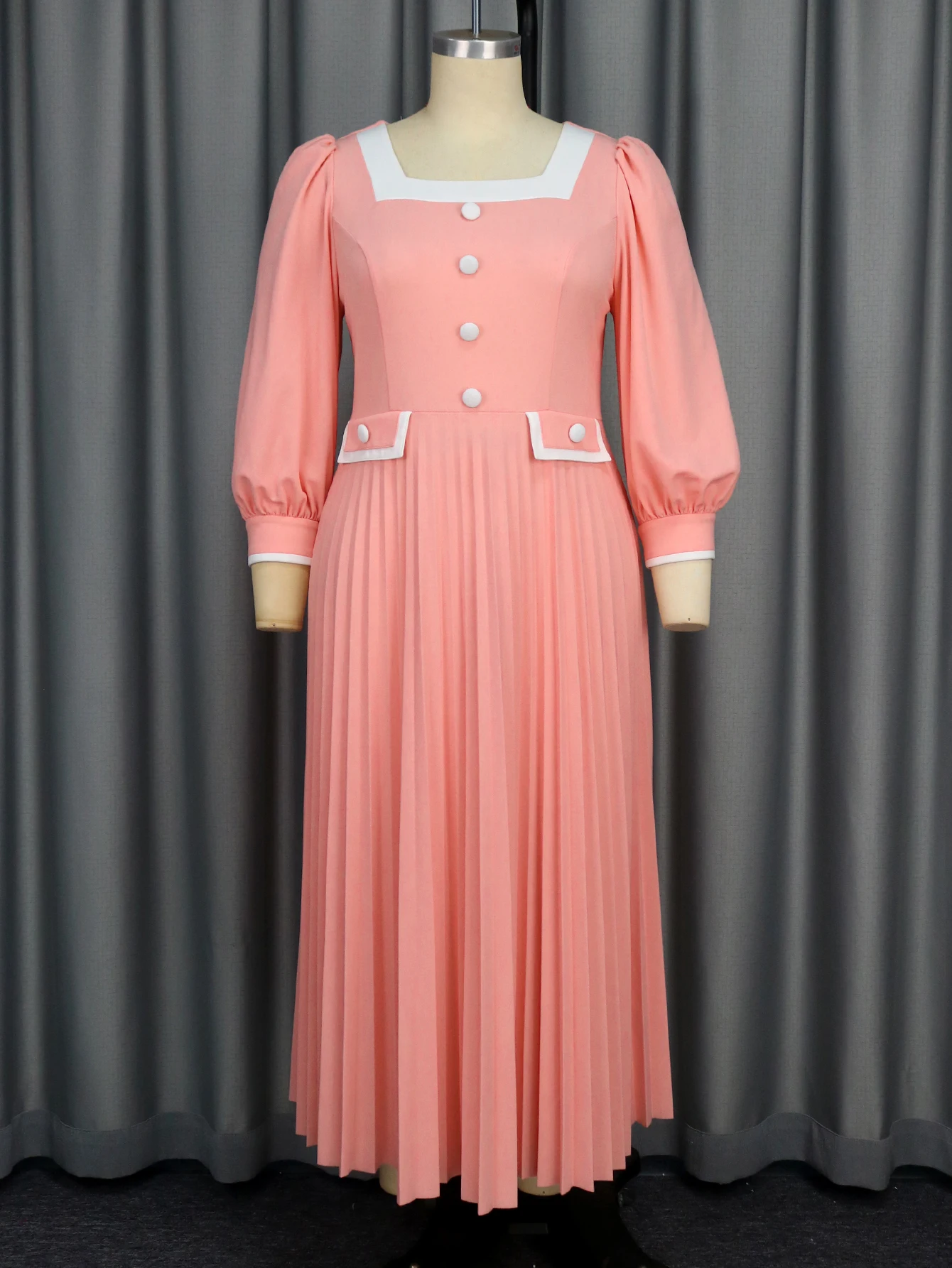 Women's Sweet Pink Long Pleated Dresses Square Neck Buttoms A-line Party Evening Lady Gowns