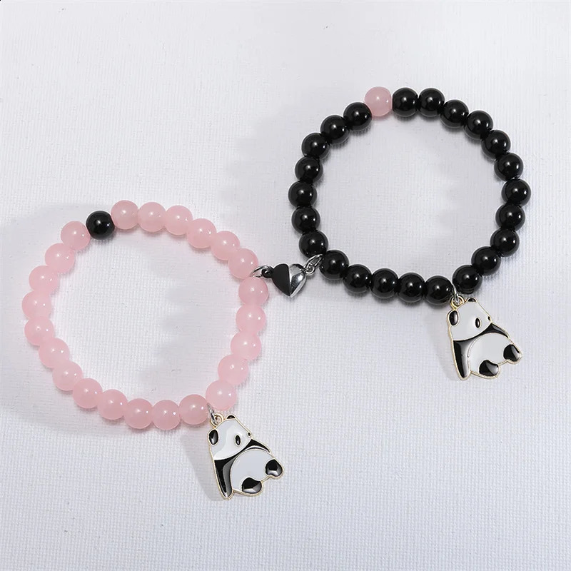 2pcsset Cute Panda Charms Bracelet Black Pink Glass Crystal Beads Set Handmade Hand String Women Summer Fashion Jewelr 250613
