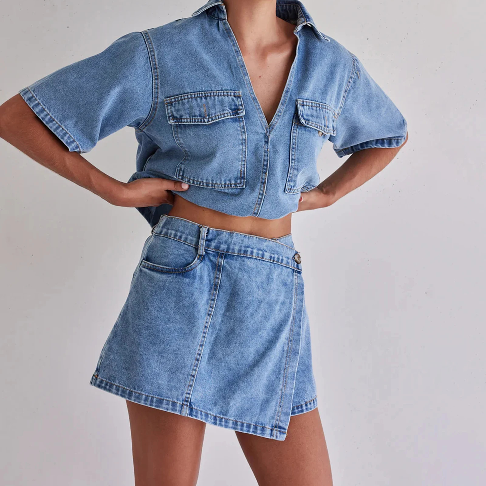 Womens 2 Piece Denim Outfits Y2k Vintage Short Sleeve Lapel Jean Tops and Asymmetrical Shorts Matching Set Streetwear 250614