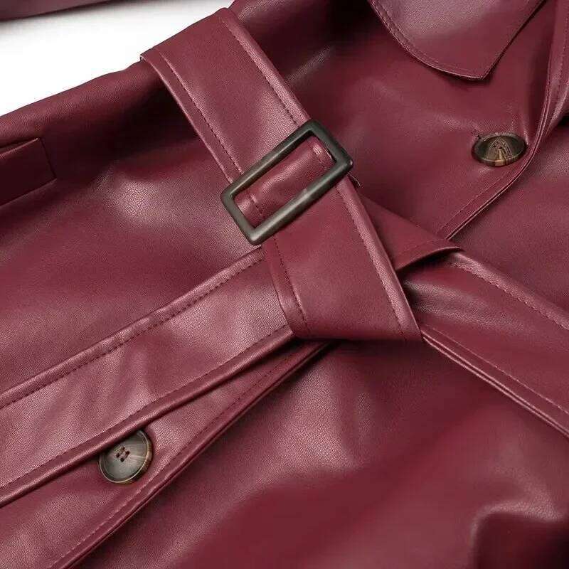 2025 Women New Fashion with Belt Style Single Breasted Faux Leather Coat Vintage Long Sleeve Pockets Female Outerwear