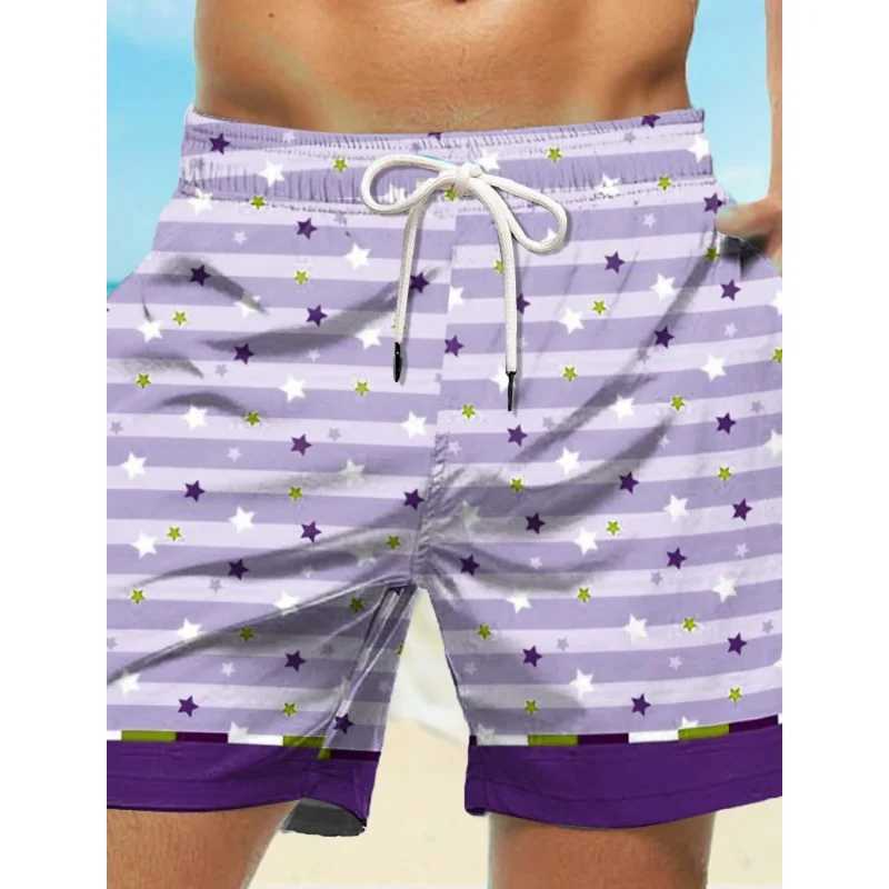 Fun Little Star Graphic Swim Trunk For Men Colorful Stripes 3D Print Short Pants Summer Loose Harajuku Sport Street Board ShortsXJ250618