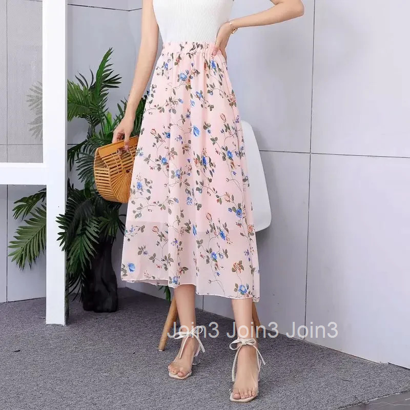 Woman Skirt High Waist Chiffon Midi Skirts for Women Floral Korean Style 2025 Trend New in Harajuku Luxury Elegant Stylish V