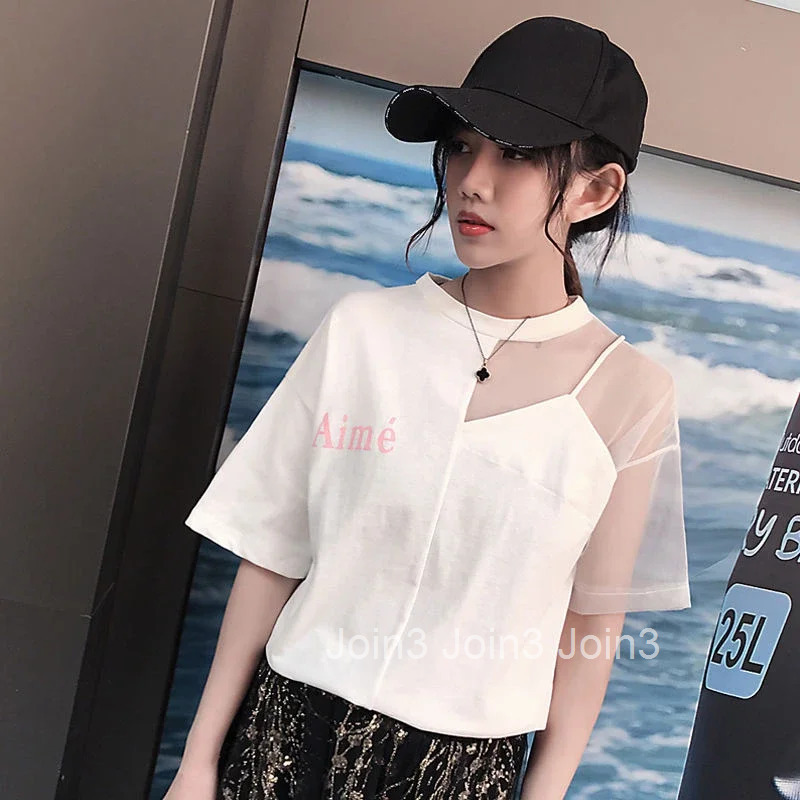 T Shirt for Women Mesh Plain Baggy Short Sleeve White Tops Woman Korean Popular Clothes Fashion Womens Clothing 2025 Emo Goth