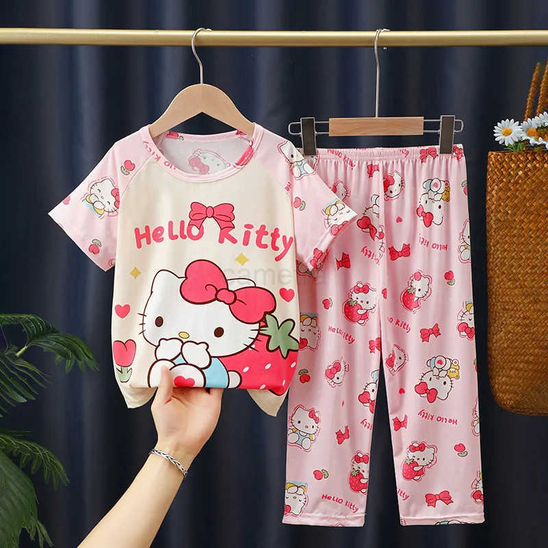 Sanrio Cinnamoroll Girls Summer Pajama Set Cartoon Patterned Crew Neck Short Sleeve Top and Long Pants Casual Home Wear for Children XJ250618XJ250618