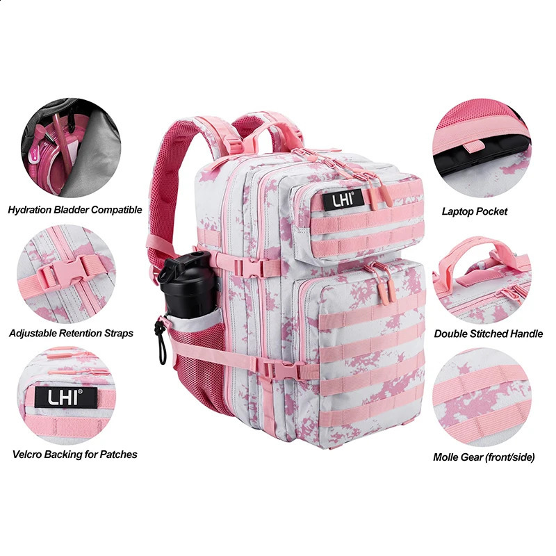 LHI 45L Tactical Backpack Waterproof Tie-Dye Sports Travel Daily Gym Rucksacks Weekend Overnight Daypack With Bottle holder 250617