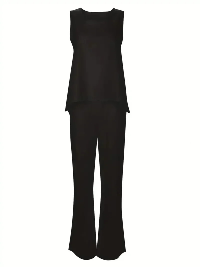 Plus Size Womens Two Piece Set Solid Top Wide Leg Pants Outfits 2 Piece Set Round Neck Casual Outfits Tank 250609