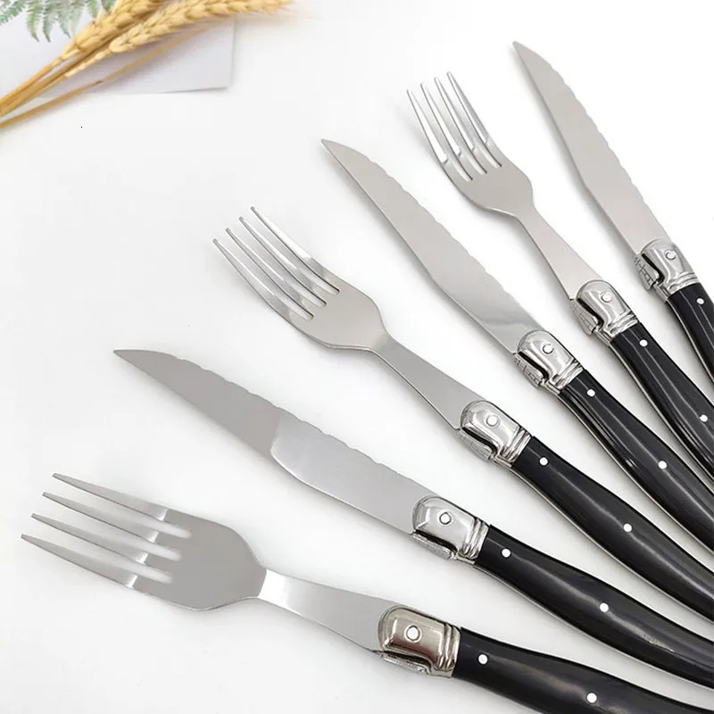 8 Laguiole Style Black Steak Knives and Forks Stainless Steel Dinner Fork Plastic Handle Table Knives Dinnerware set 2-10pcs 250618