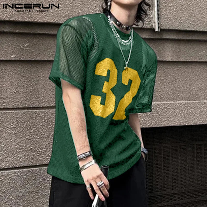 INCERUN Men T Shirt Mesh Transparent Printing O-neck Short Sleeve Sexy Men Clothing Streetwear Summer Fashion Male Tee Tops 250617