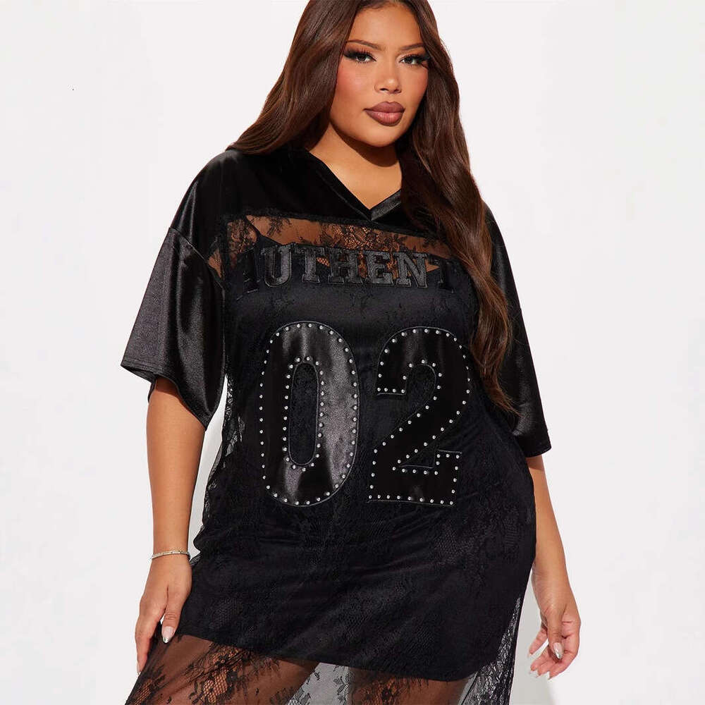 New Fashion V-Neck Hollow Lace Patchwork Casual Loose Short Sleeve Long Dress For Women B5