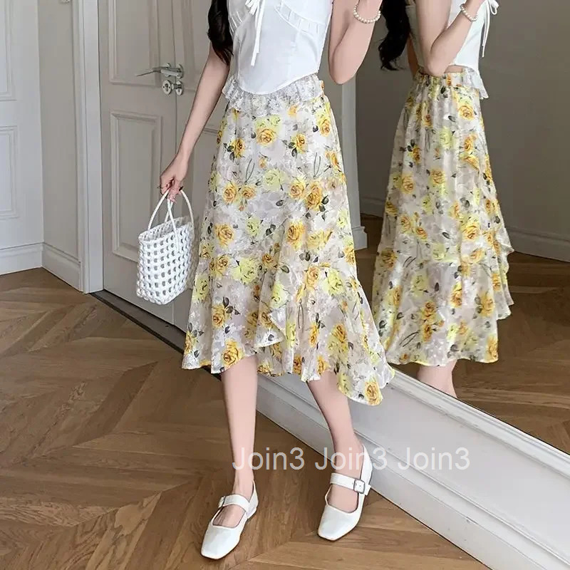 Woman Skirt Ruffle Floral Chiffon Midi Korean Style Clothing Trend 2025 Vintage Sales V Y2k Cheap Modest Summer Skirts for Women