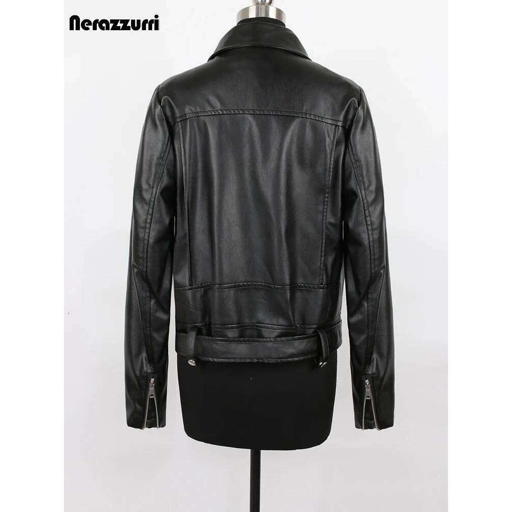 Nerazzurri Spring Autumn Short White Black Soft Faux Leather Biker Jacket Women Long Sleeve Zipper Belt Cool Outerwear