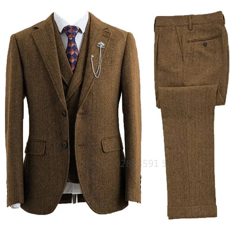 3 Piece Suit Tweed Herringbone Double-Breasted Wedding Tuxedos Size Men Clothing Casual Style Men's Fashion Costume Homme