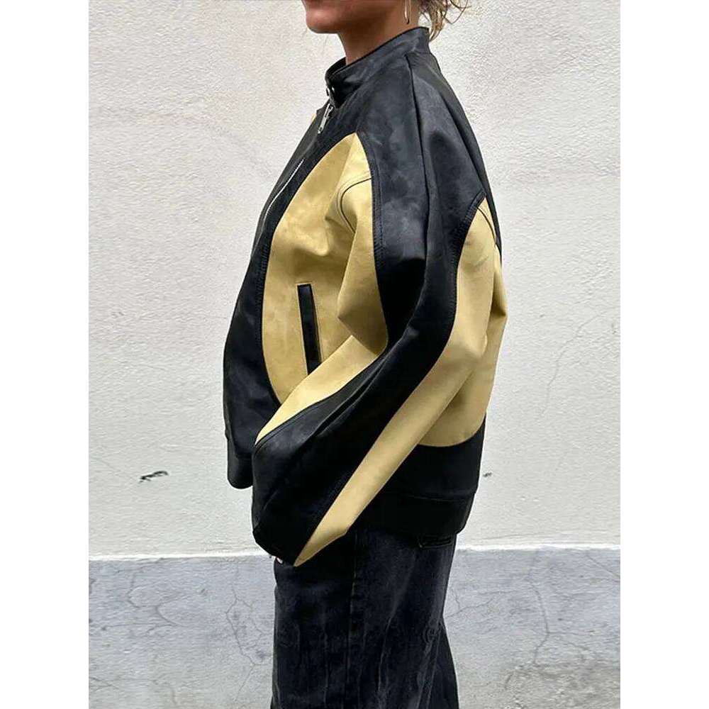 Vintage Contrast Patchwork Women's Leather Jackets O Neck Long Sleeves Zipper Female Motorcycles Coat 2024 Autumn Lady Outwear