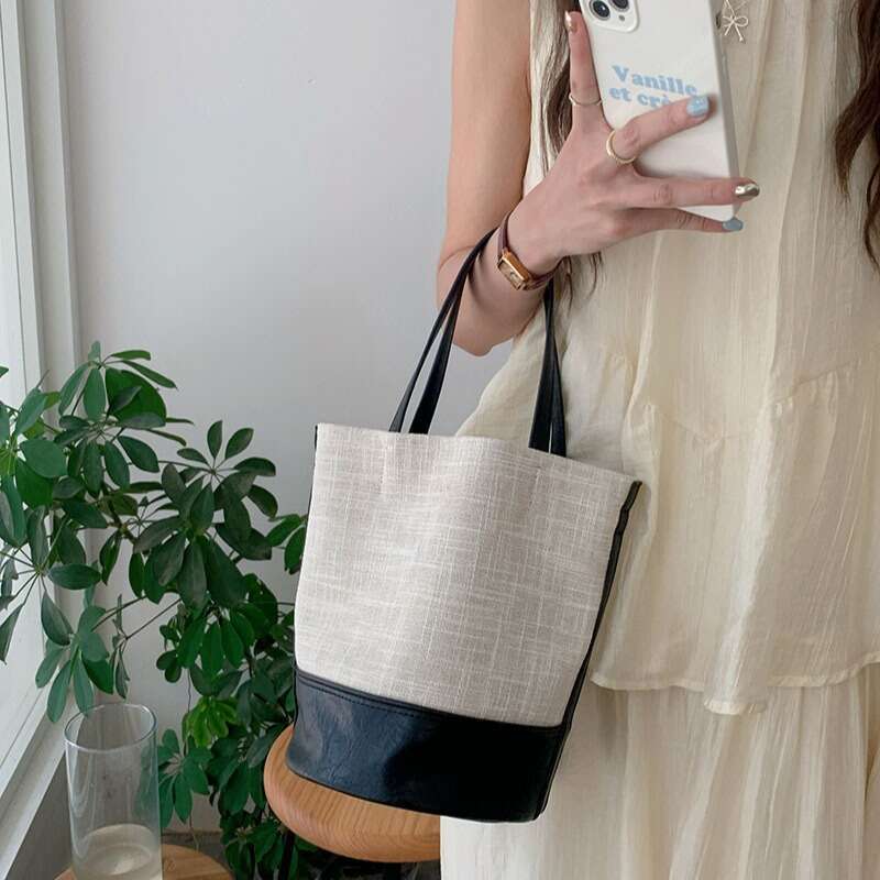 Korean Niche Handbag New Summer Women's Canvas Color Block Versatile Bucket Commuter Large Capacity Shoulder Crossbody Bag