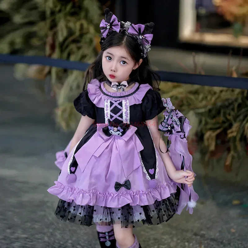 Sanrio Kawaii Sanrio Cosplay Kuromi Lolita Princess Dress Summer Childrens Costume Dress Puffy Skirt Suit Cute Girl Birthday Gift XJ250618