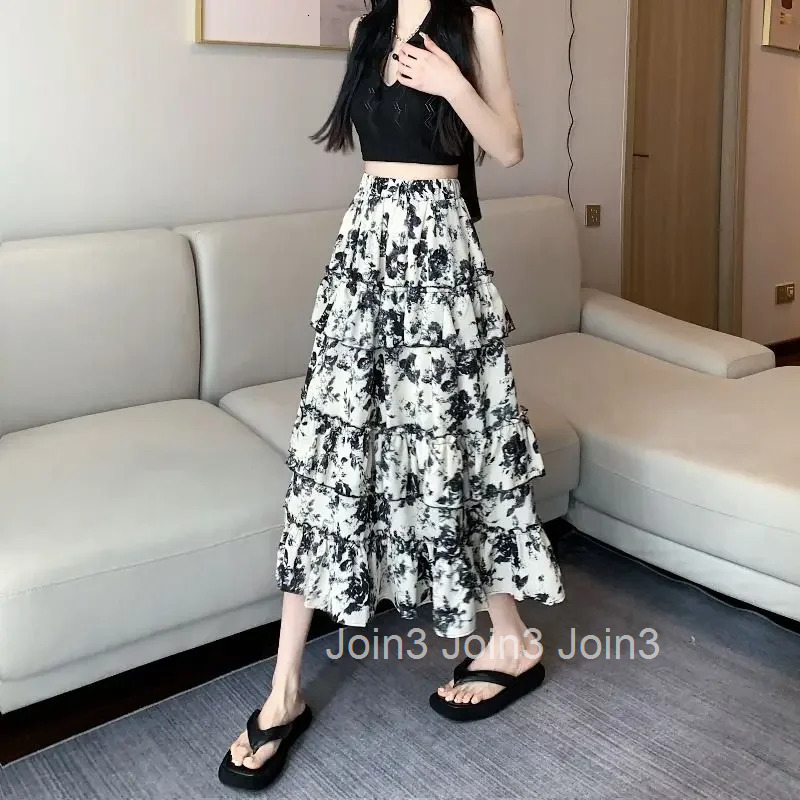 Woman Skirt Midi with Slit Floral Ruffle High Waist Casual V Clothing Trend 2025 Summer Vintage A Line Premium Skirts for Women