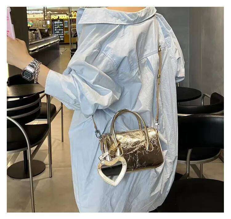 2025 New Fashion Love Heart Mirrior Design Tote Small Cowhide Leather Women's Handbag Sier Luxurious Ladies Shoulder Bag