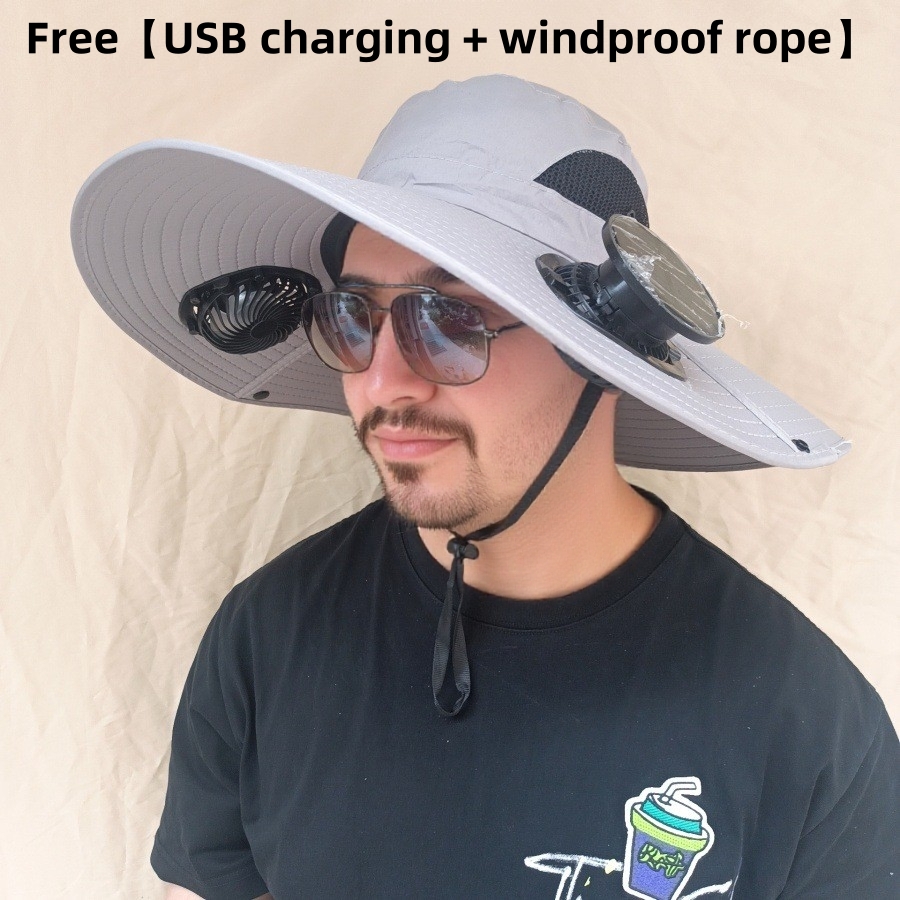 Waterproof Bucket Hat Sun Cap Tactics Wide-Brimmed Outdoor Fan Hat with Solar Charging Breathable Mesh Adjustable Speed Cap Hat Fishing foldable sun v