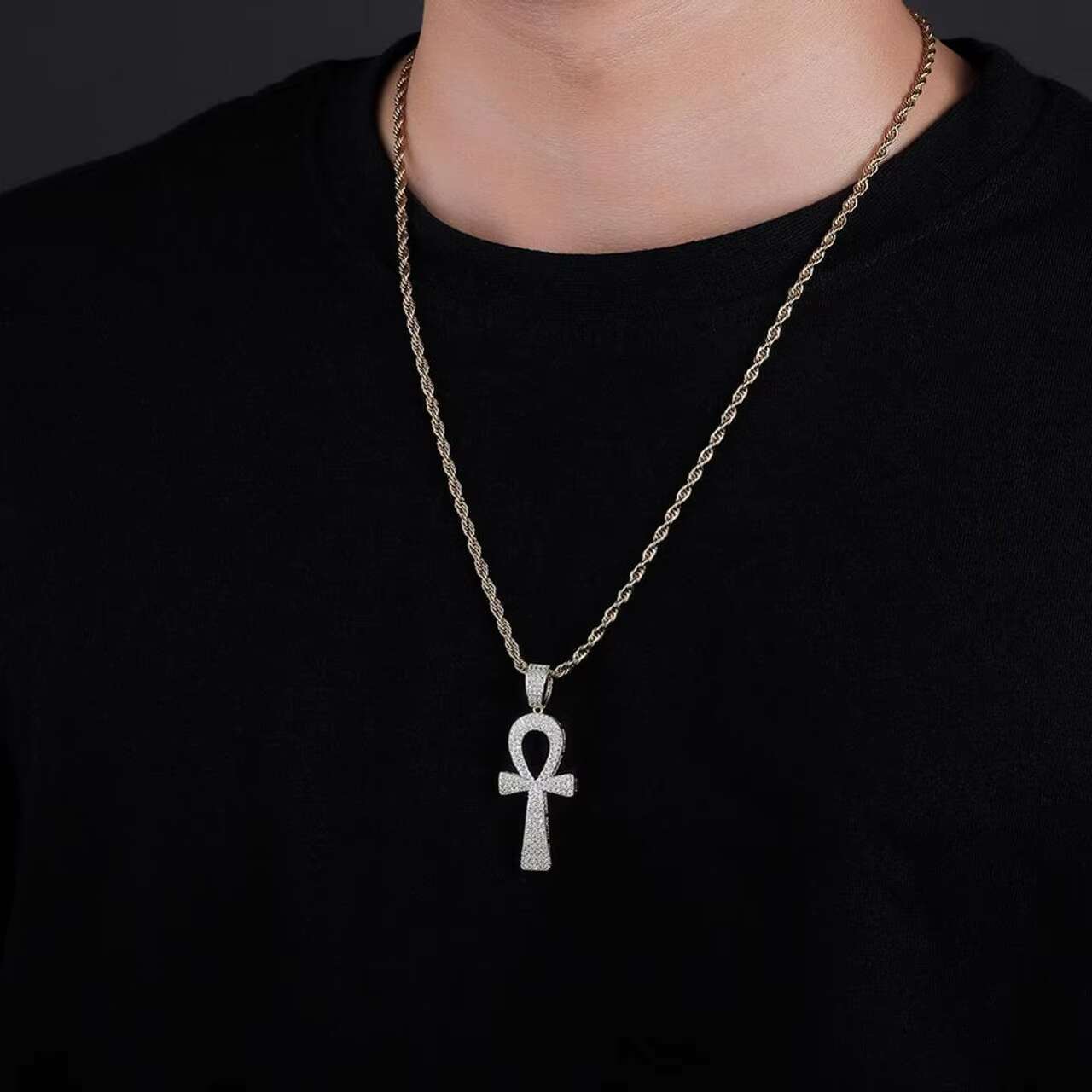 New Trend 14k Gold 925 Silver Hip Hop Style African Egyptian Ankh Cross Moissanite Pendant Chain Necklace Inspired African