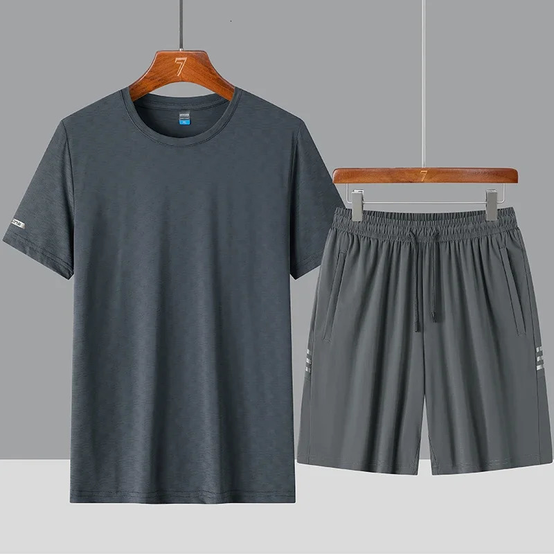 High-quality Ice Silk Breathable Mens Short Sleeve T-shirt With 5-point Shorts Set Comfortable Cool Outdoor Sports Set 250617