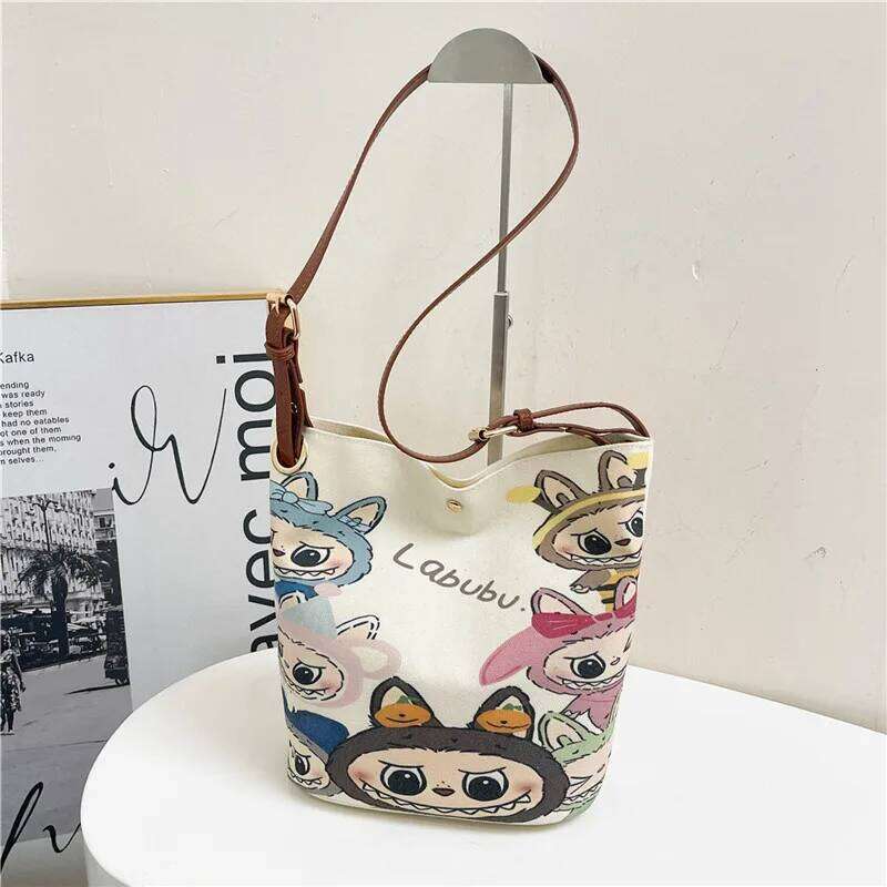 Labubu Bag Cartoon LABUBU Canvas For Students Large Capacity Commuting One Shoulder Bucket Crossbody Bag Anime Gift