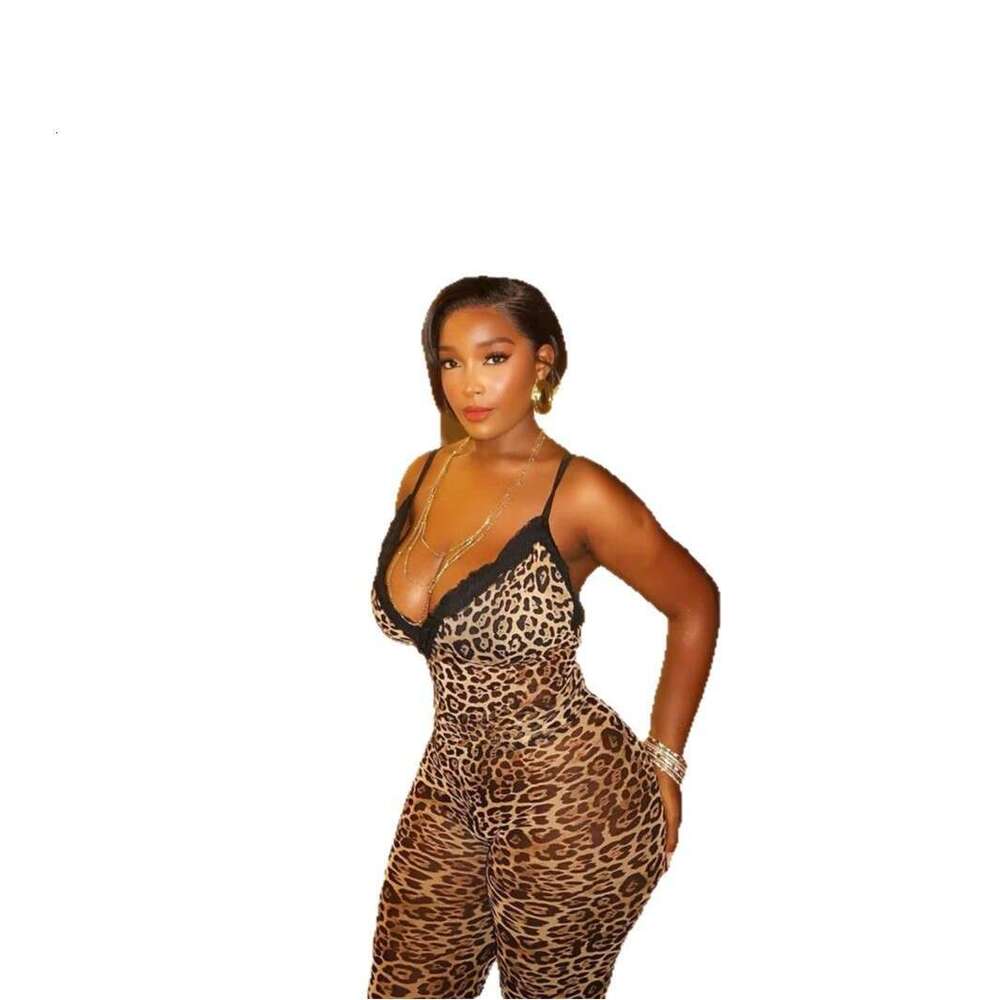 Leopard Print Lace Mature Patchwork V-Neck Slim Sexy Camisole Top With 7/8 Pants Set B5