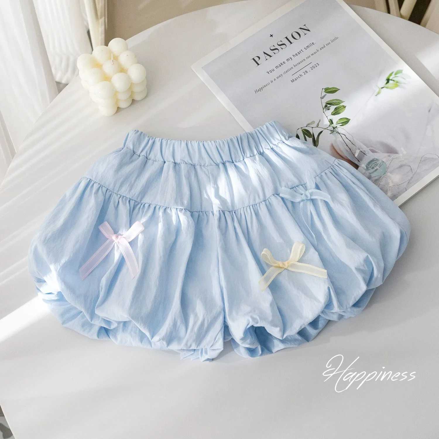 UNITIM Summer Kids Girls Shorts Bow Decorative Korean Casual Folded Childrens Girls Shorts 3-7 Years Girls Puffy ShortsC250617