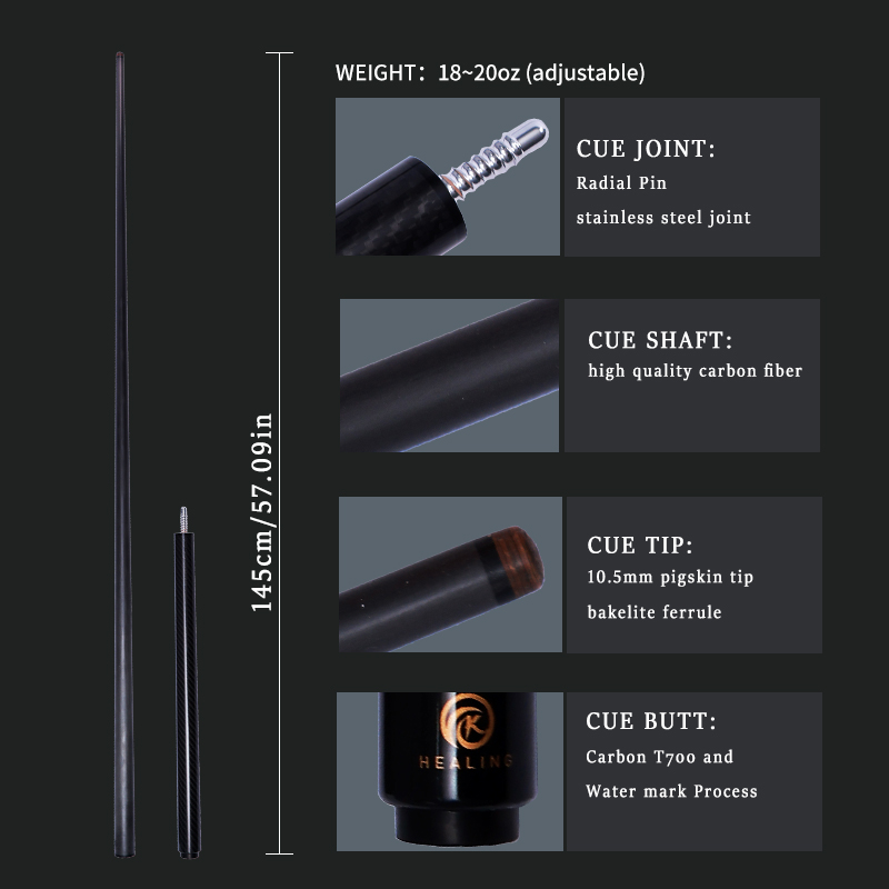 OKHEALING 3/4 Split Snooker Pool Cue Handmade Carbon Fiber 2 Piece Billiard Cue Stick Pigskin Tips 10.5mm Radial Pin Joint Full Size 57" with Ass