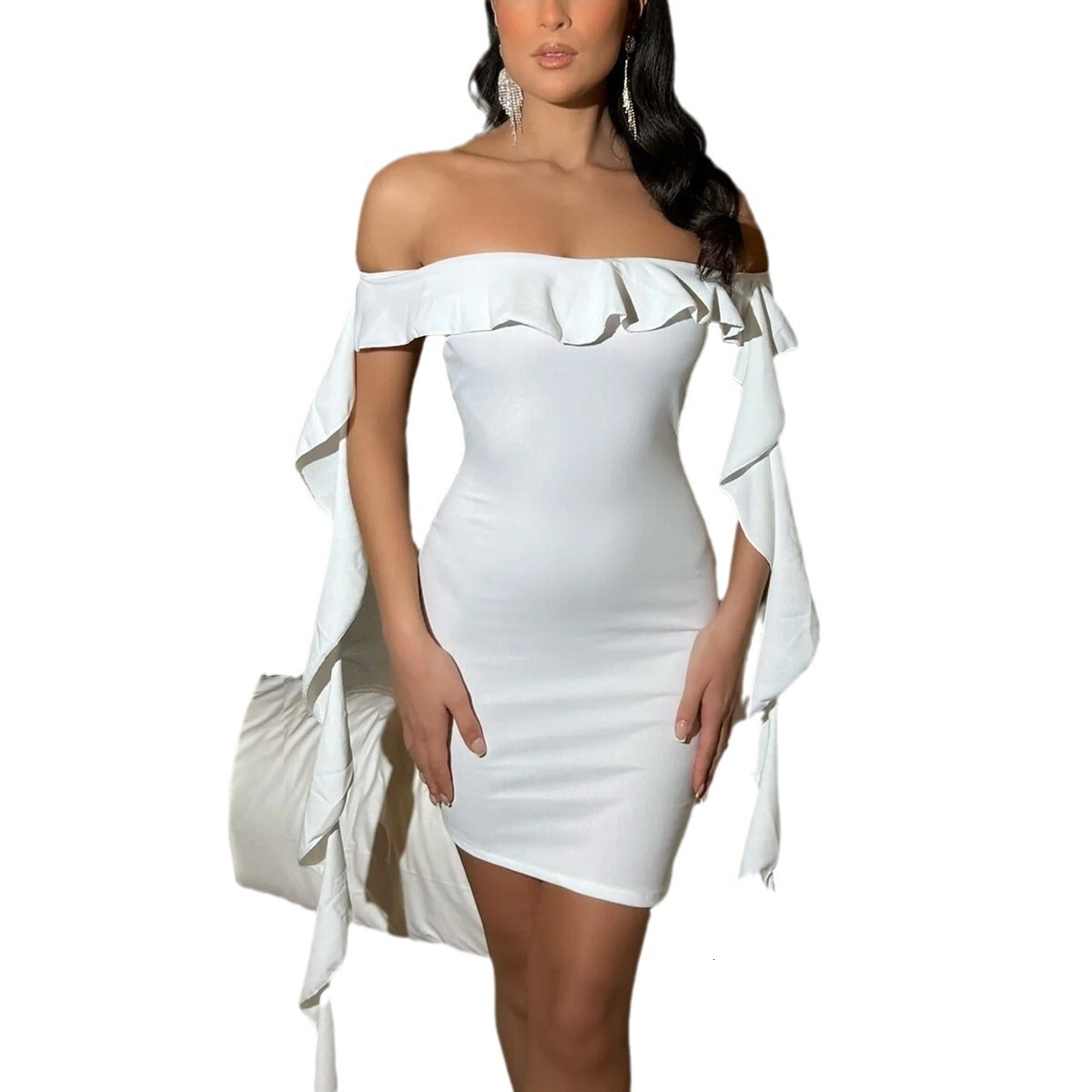 Off-Shoulder One-Shoulder Dress with Ribbon Bodycon Dress Fashionable Pleated Slim-Fit Dress for Women