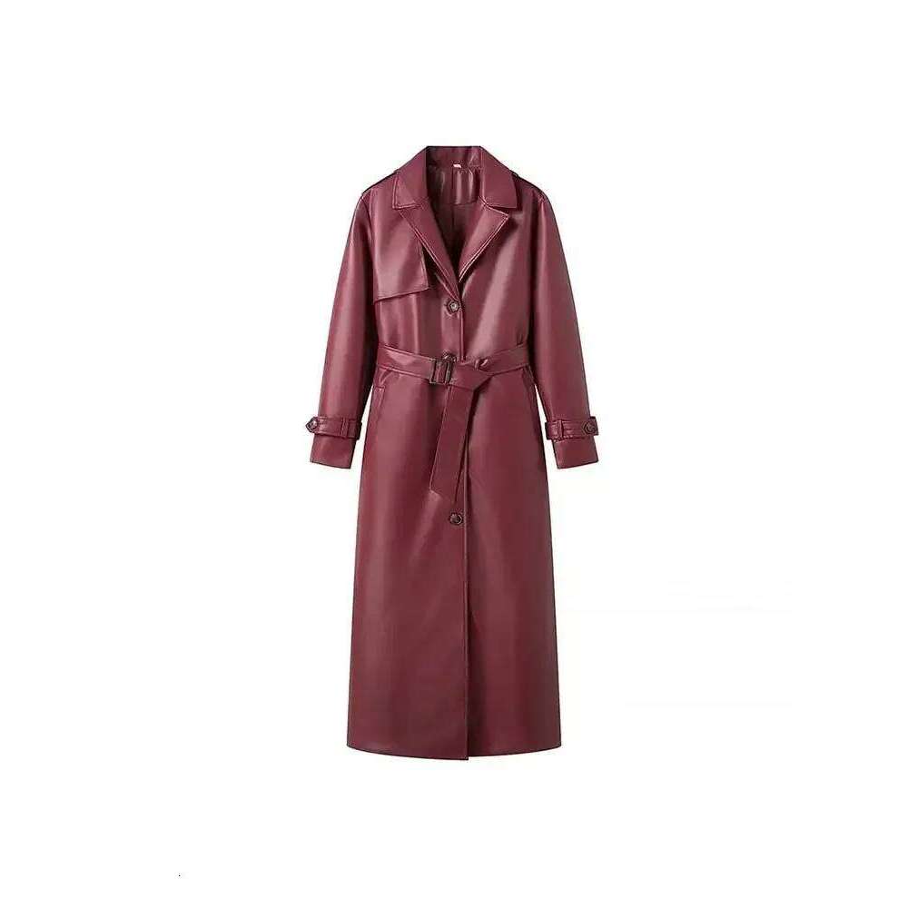 2025 Women New Fashion with Belt Style Single Breasted Faux Leather Coat Vintage Long Sleeve Pockets Female Outerwear