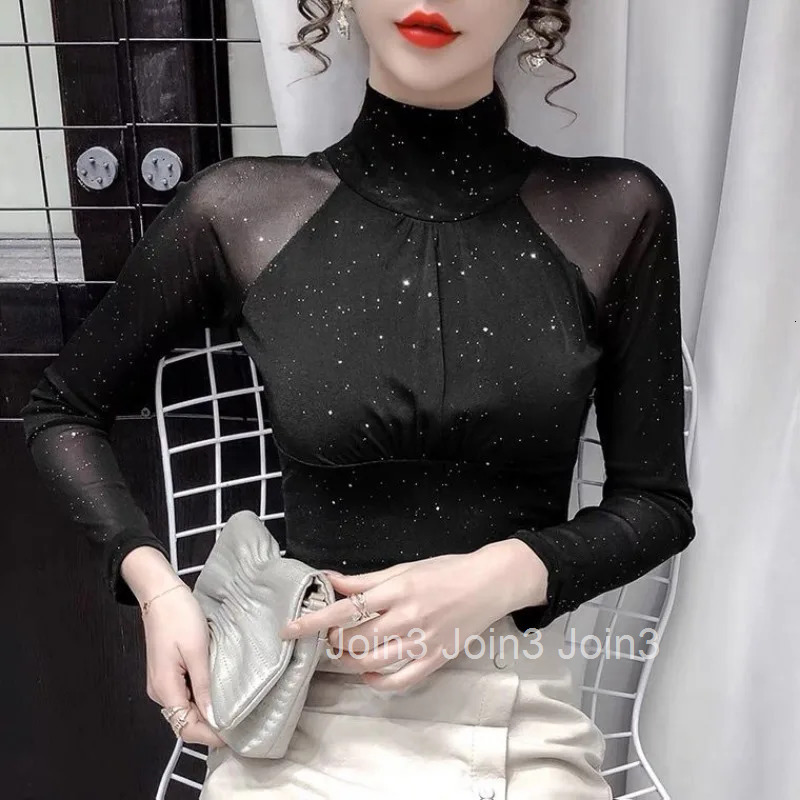 Womens T Shirts Female Tops 2025 Clothes Glitter Sequin Black Tshirts Rhinestone Mesh Novelties Kpop Korea Stylish Fitted Tees