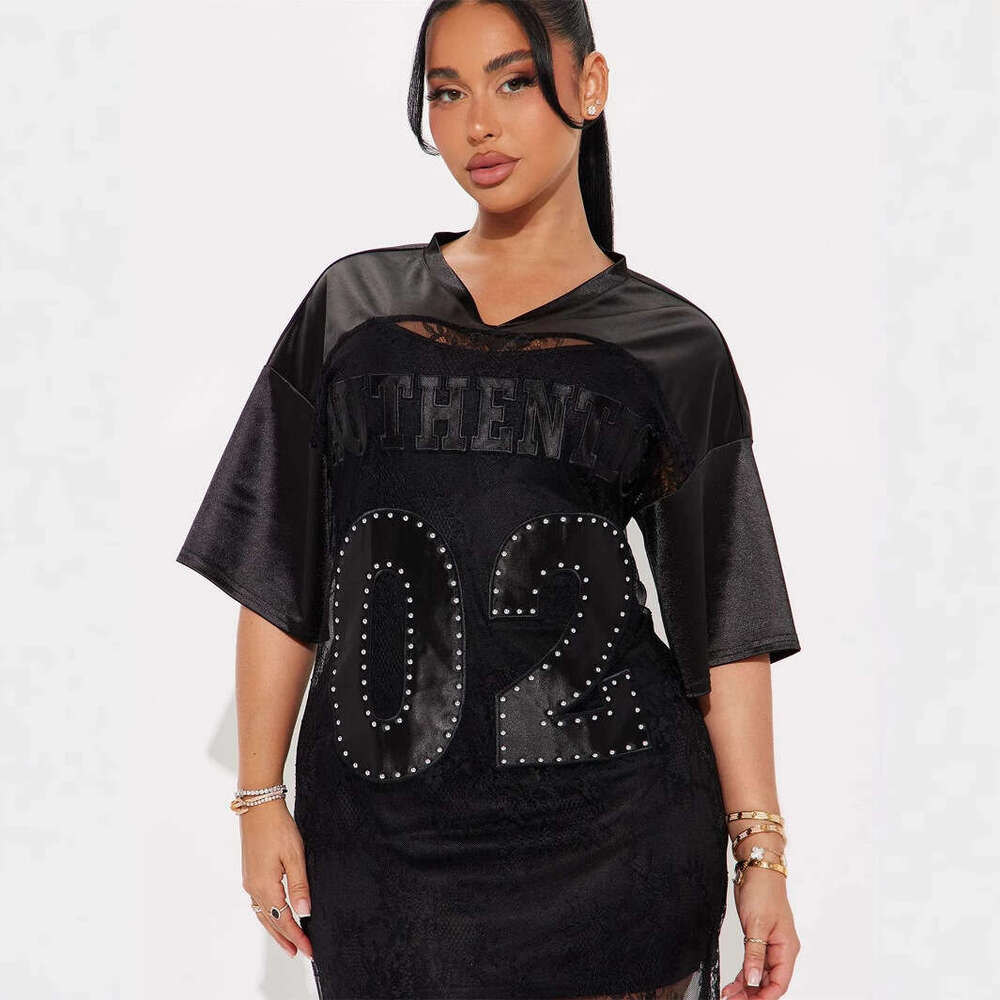 New Fashion V-Neck Hollow Lace Patchwork Casual Loose Short Sleeve Long Dress For Women B5
