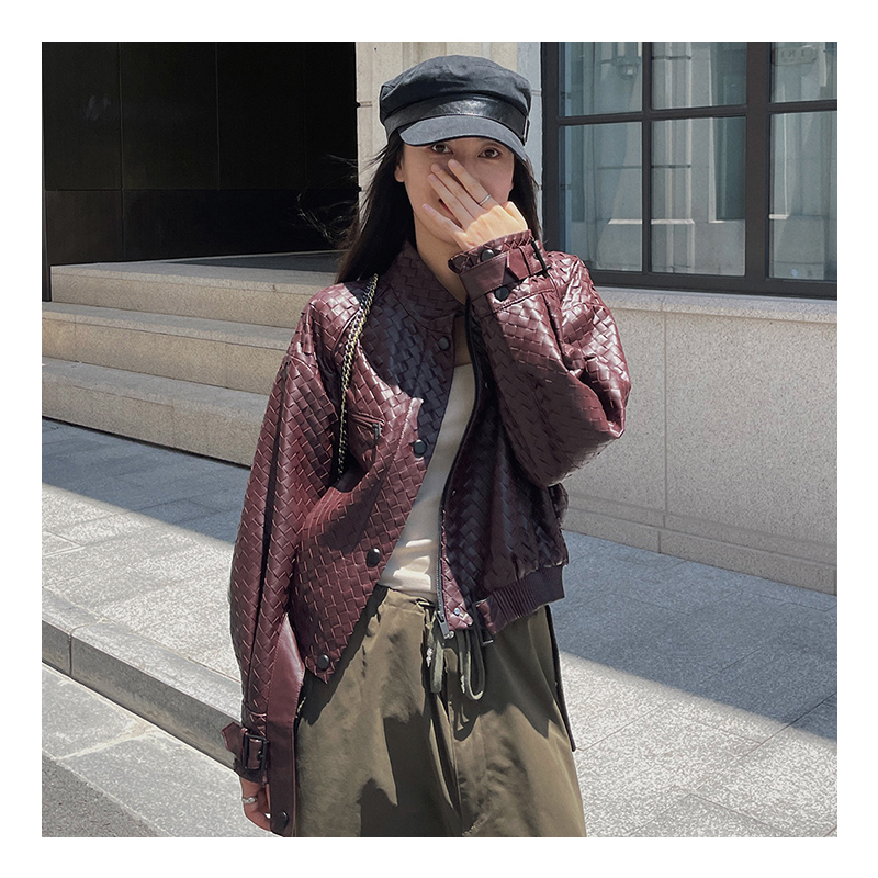 Keli leather jacket lightly painted red imported lamb real leather jacket women's coat