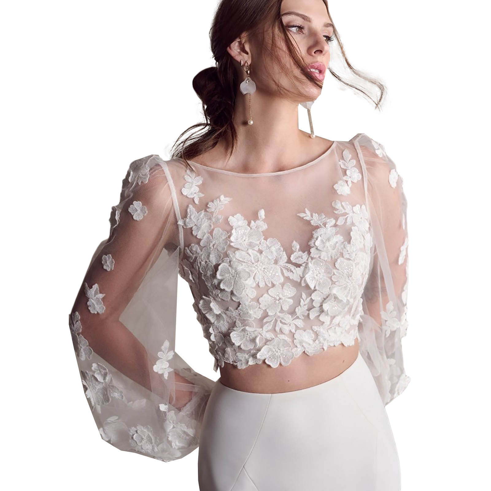 Exquisite Two Piece Mermaid Wedding Dress Illusion Tulle Applique Long Sleeve and Chiffon Bridal Scoop Neck Custom Made Gowns