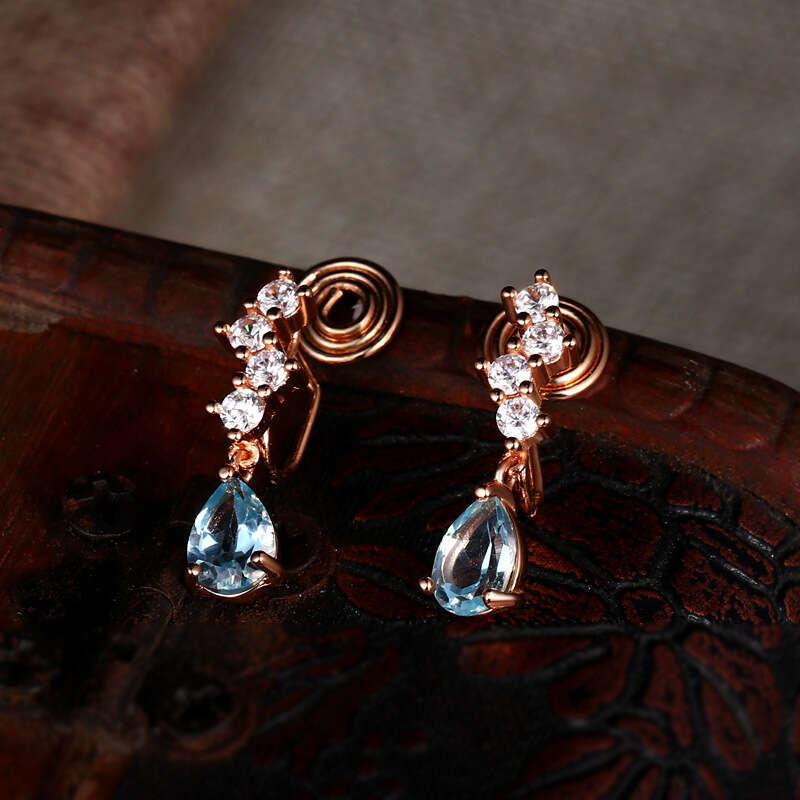 Mermaid Tears" High-End Blue Topaz Elegant Water Drop Small Earrings Painless Ear Clips for Women Without Pierced Ears Exquisite