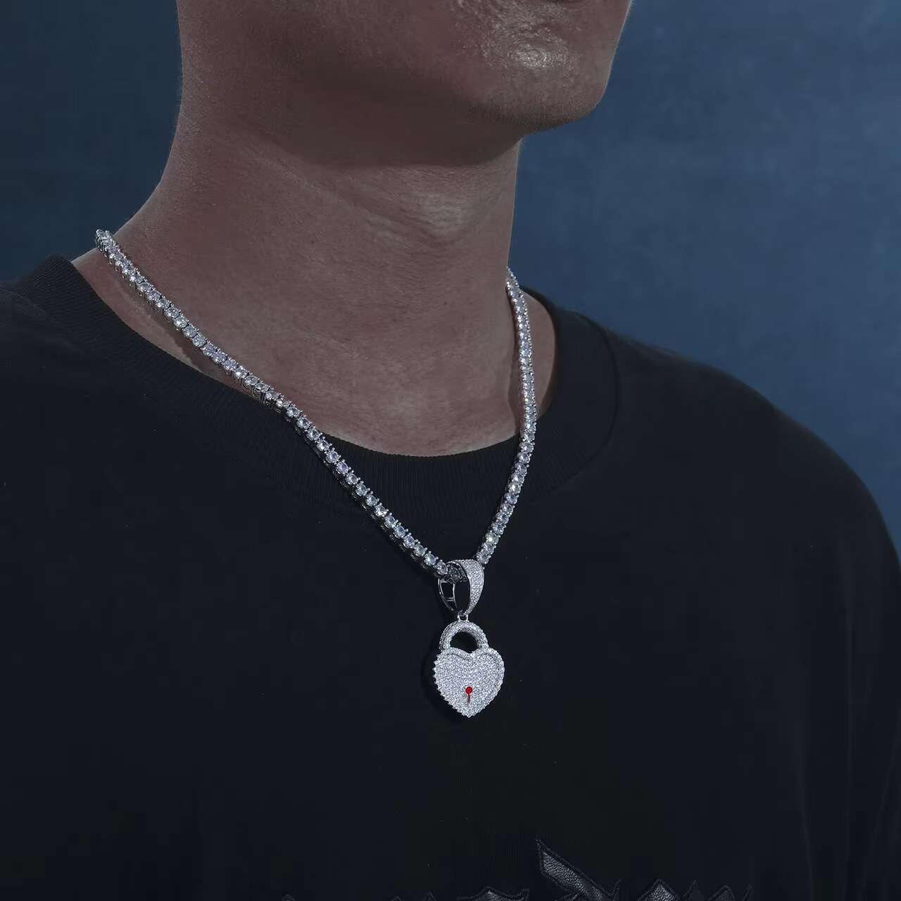 Luxury New 925 Sterling Silver Moissanite Necklace with Iced Blinged out Heart on Lock Pendant in Hip Hop Style