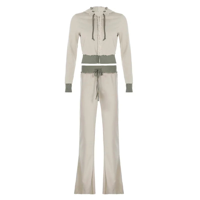 Leosoxs Patchwork 2 Piece Set Tracksuit Women Zip Wide Waist Crop Hooded Pocket Jacket Sporty Pants Matching Casual Basic Suit 250617