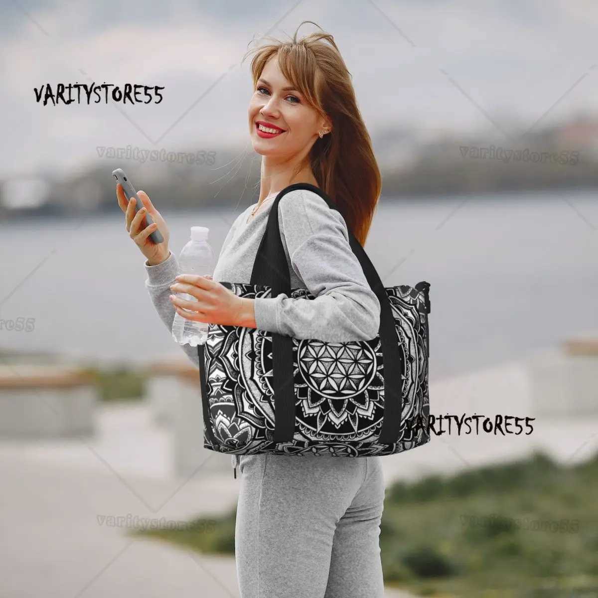 Custom Sacred Geometry Mandala Beach Tote Bag Women Flower Of Life Geometric Large Compartment Beach Gym Travel Bags W250618