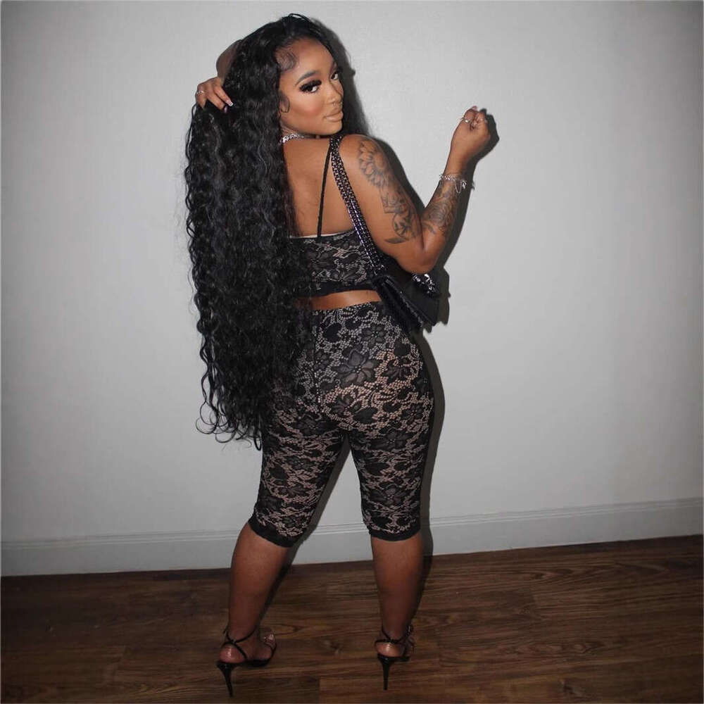 Summer New Fashion Lace Sheer Sleeveless Strap Floral Crop Top Bodycon Set For Women B5