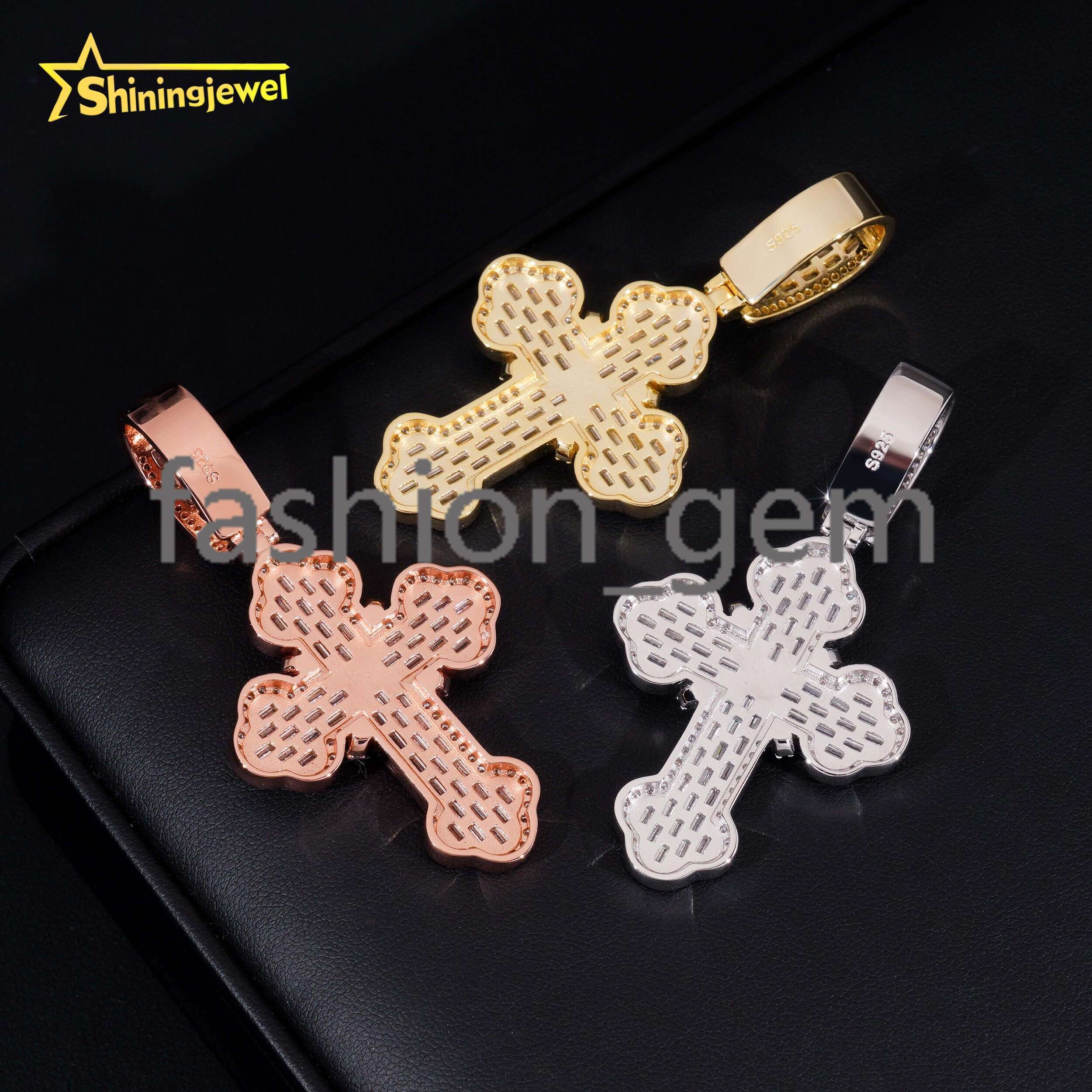 New Design Hip Hop Cross Baguette Moissanite Pendant S925 Gold Plated Moissanite Pass Diamond Test Pendant Ready to Ship