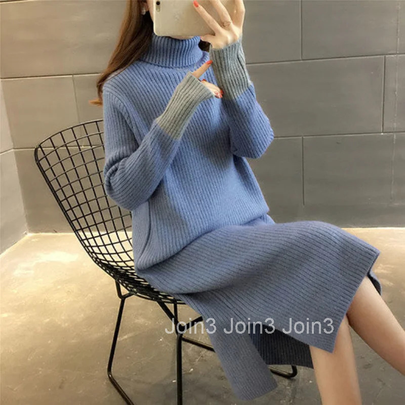 Midi Female Dress Split 2025 Cover Up Knitted Womens Dresses Clothing Crochet Knee Length Offer Elegant Hot Outfits Turtleneck