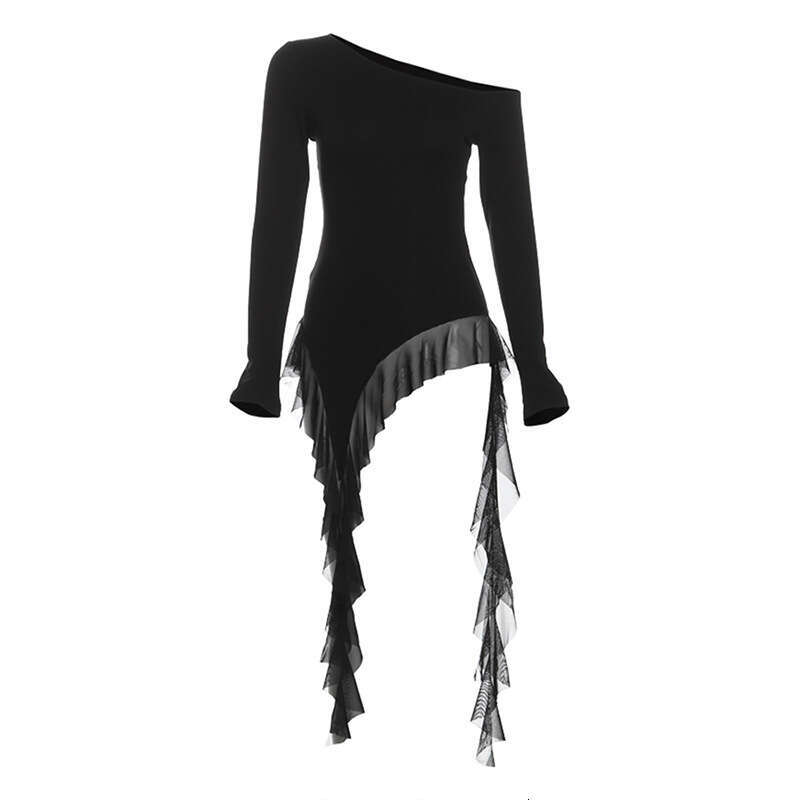 Autumn New Women's Solid Color Slim Fit Street Fashion Asymmetric Neck Long Sleeve Top B5