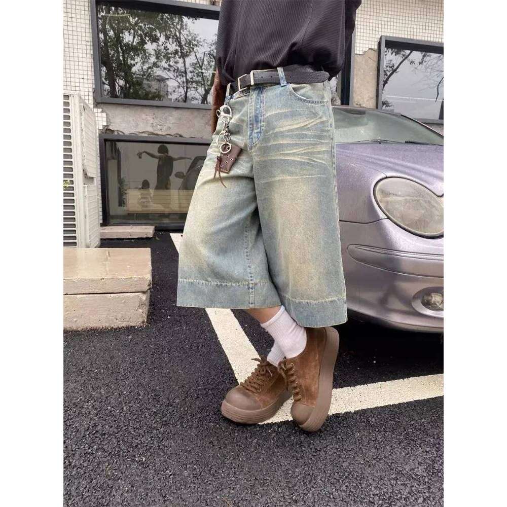 Wear HOUZHOU Women Washed Blue Jeans Vintage Y2k Long Jorts Baggy Haruku High Waist Korean Streetwear Wide Leg Denim Shorts