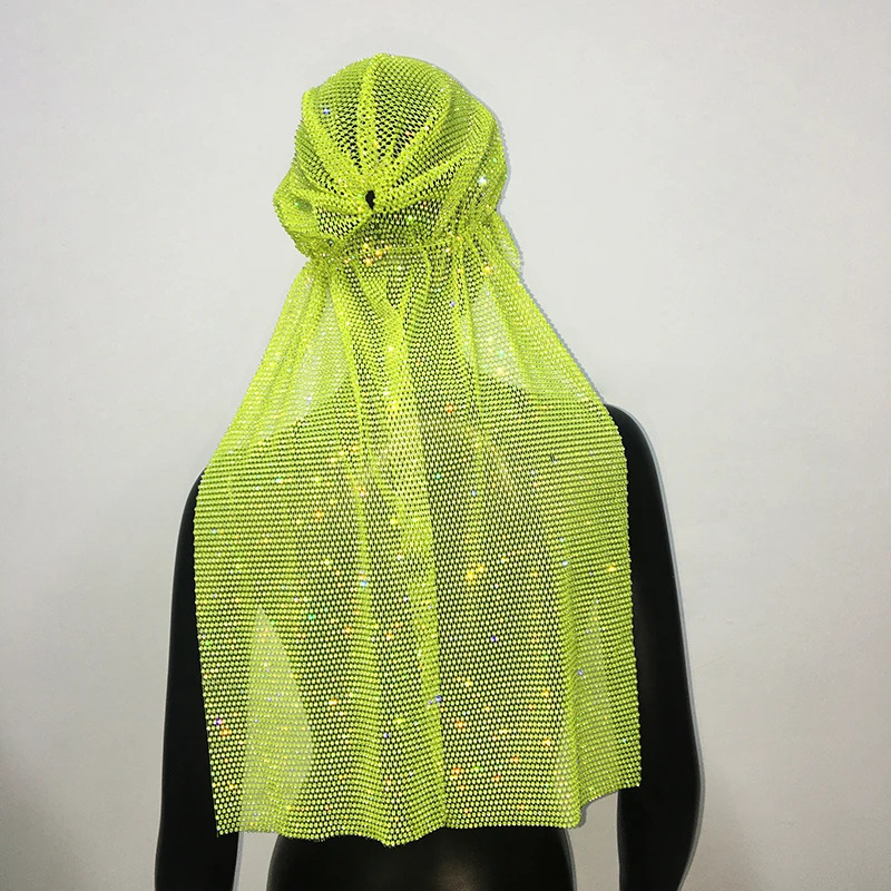Fishnet Glitter Rhinestone Y2K Beanie Balaclava Womens Cap Crystal Diamond Nightclub Rave Party Turban Hat Muslim Head Wraps 250618