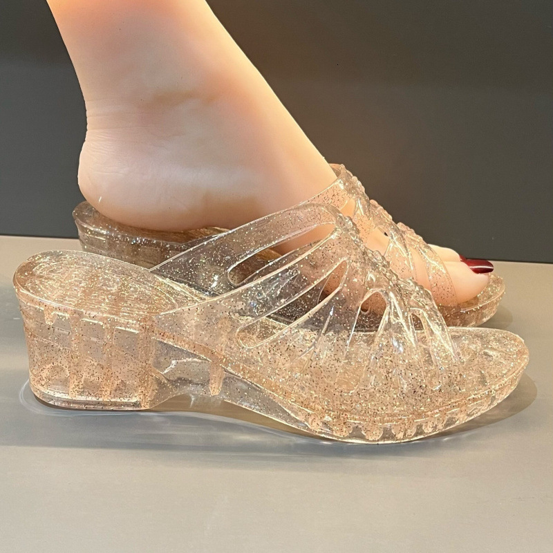 Fashion crystal shoes, transparent fashion women's slippers, thick soled jelly, anti slip and height increasing women's shoes, designer shoe