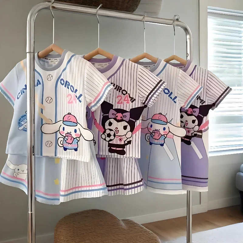 Sanrio 2025 Summer Girls Casual Clothing Sets Cartoon Printed Children Kuromi T Shirt Skirt 2pcs Set Kids Breathable Outfits OutfoorXJ250618